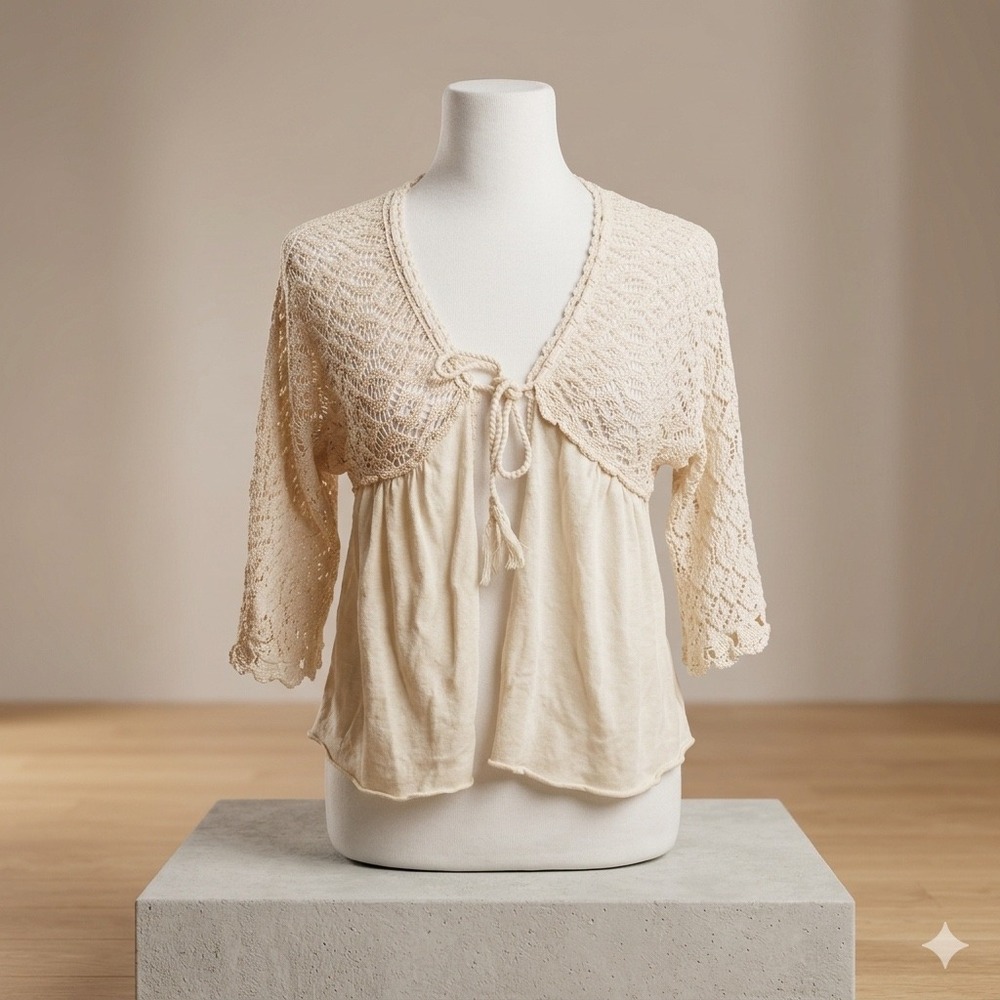 Anthropologie Knitted & Knotted Cottagecore Lace Crochet Tie-Front Shrug Top XS